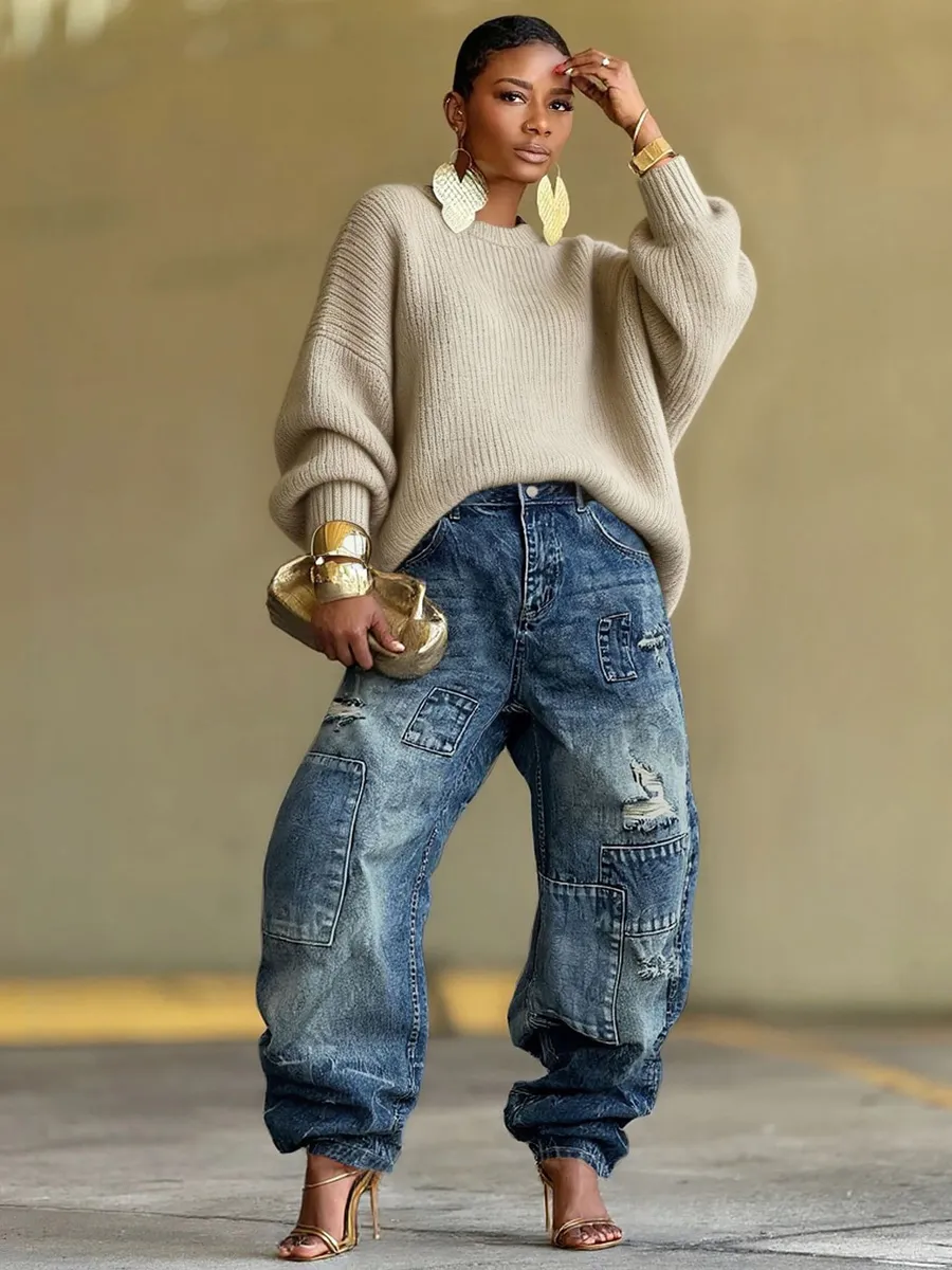 Charis Distressed Patchwork Denim Jeans