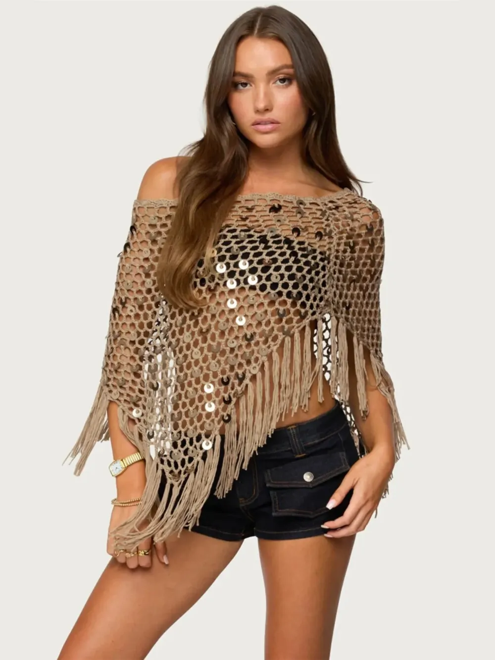 Sienna Beige Fishnet Crochet Fringe Poncho Cover Up