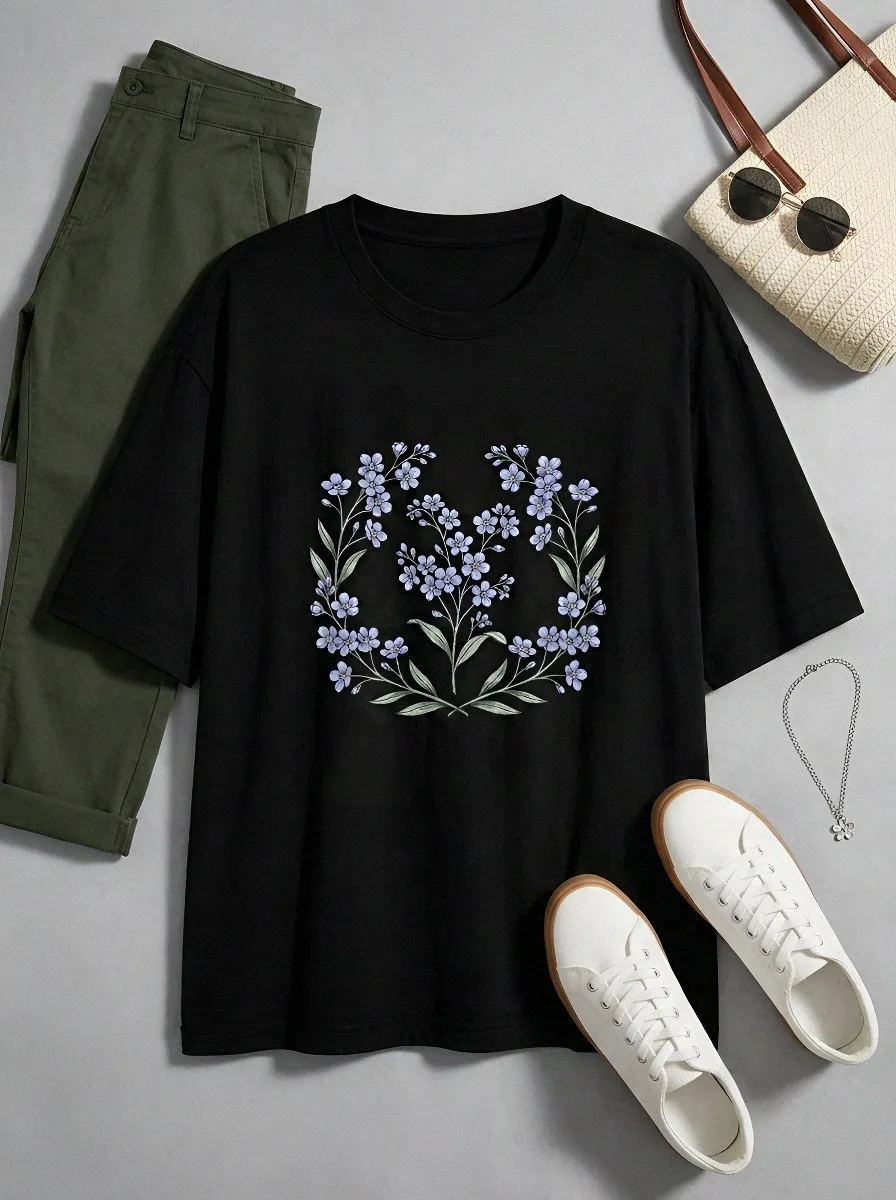 Unisex Botanical Nature Lover Forget-Me-Not Floral Printed T-shirt