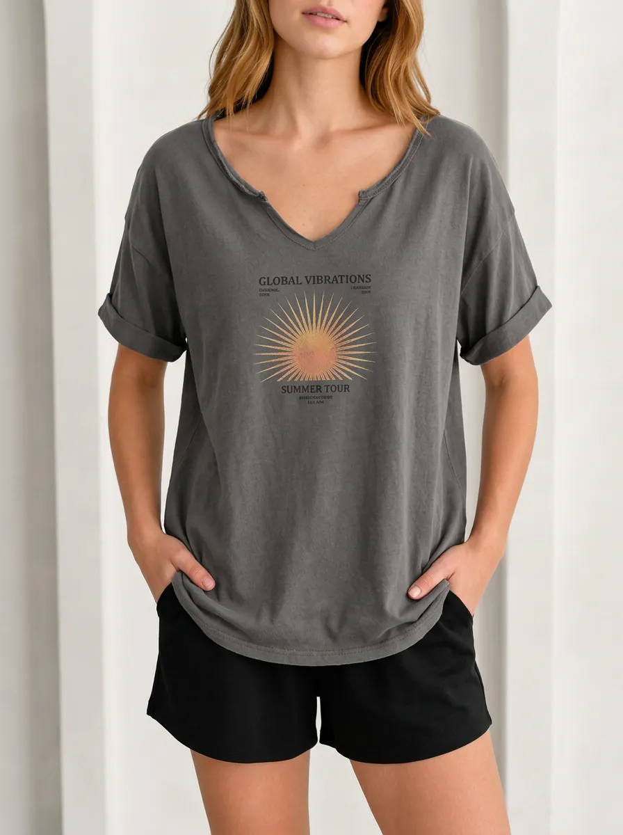 Women's Summer Tour Global Vibrations Sun Printed V-Neck T-shirt