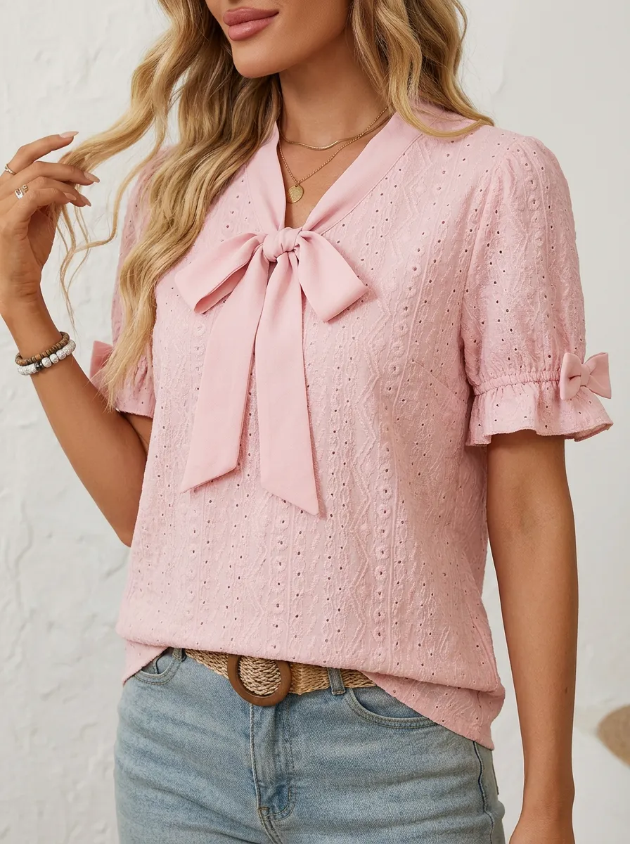 Women's V-neck Bow-detail Embroidered Blouse
