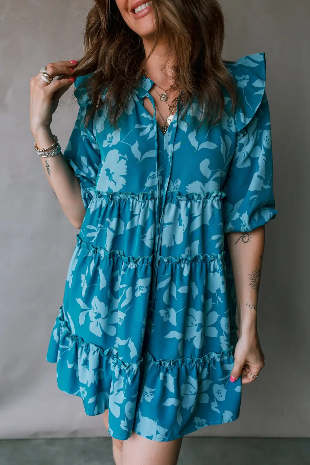 Ruffle Trim Tiered Tie Detail Mini Dress