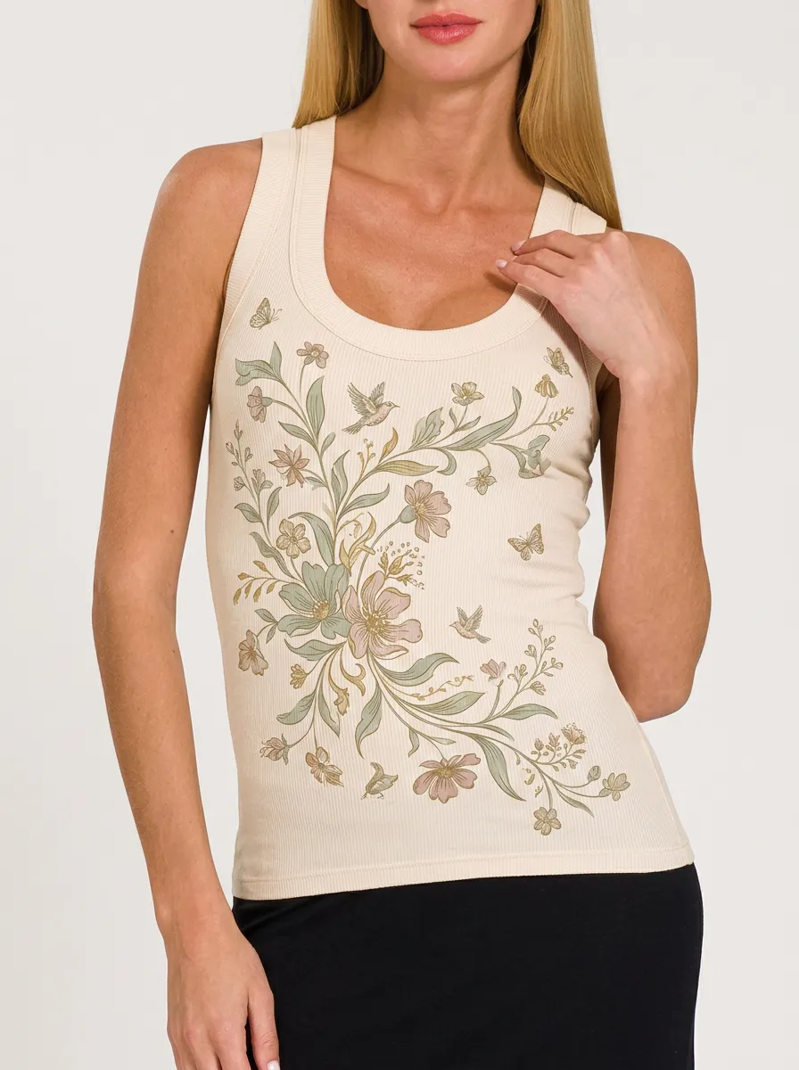 Women's Floral Nature Lover Hummingbird Butterfly Printed Tank Top
