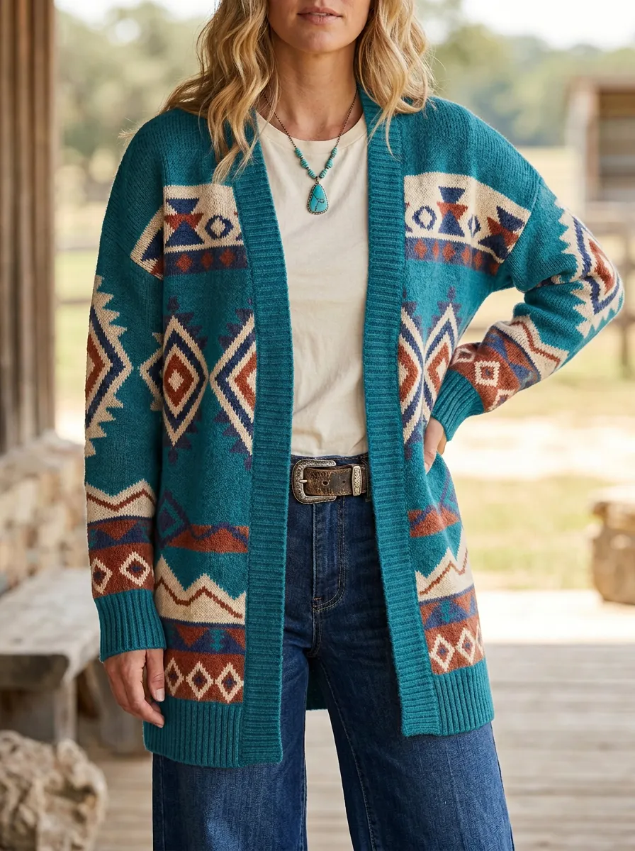 Women's Western Tan Southwestern Pattern Open-Front Cardigan