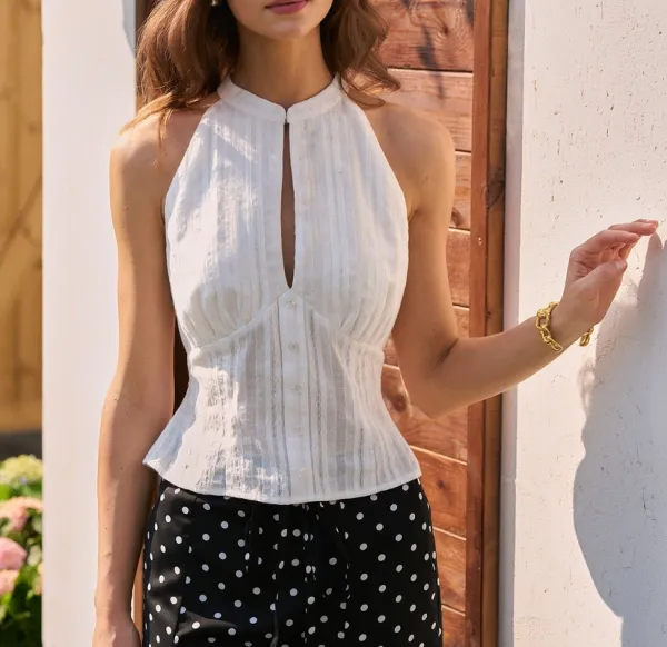 White Mandarin Collar Embroidery Tank Top