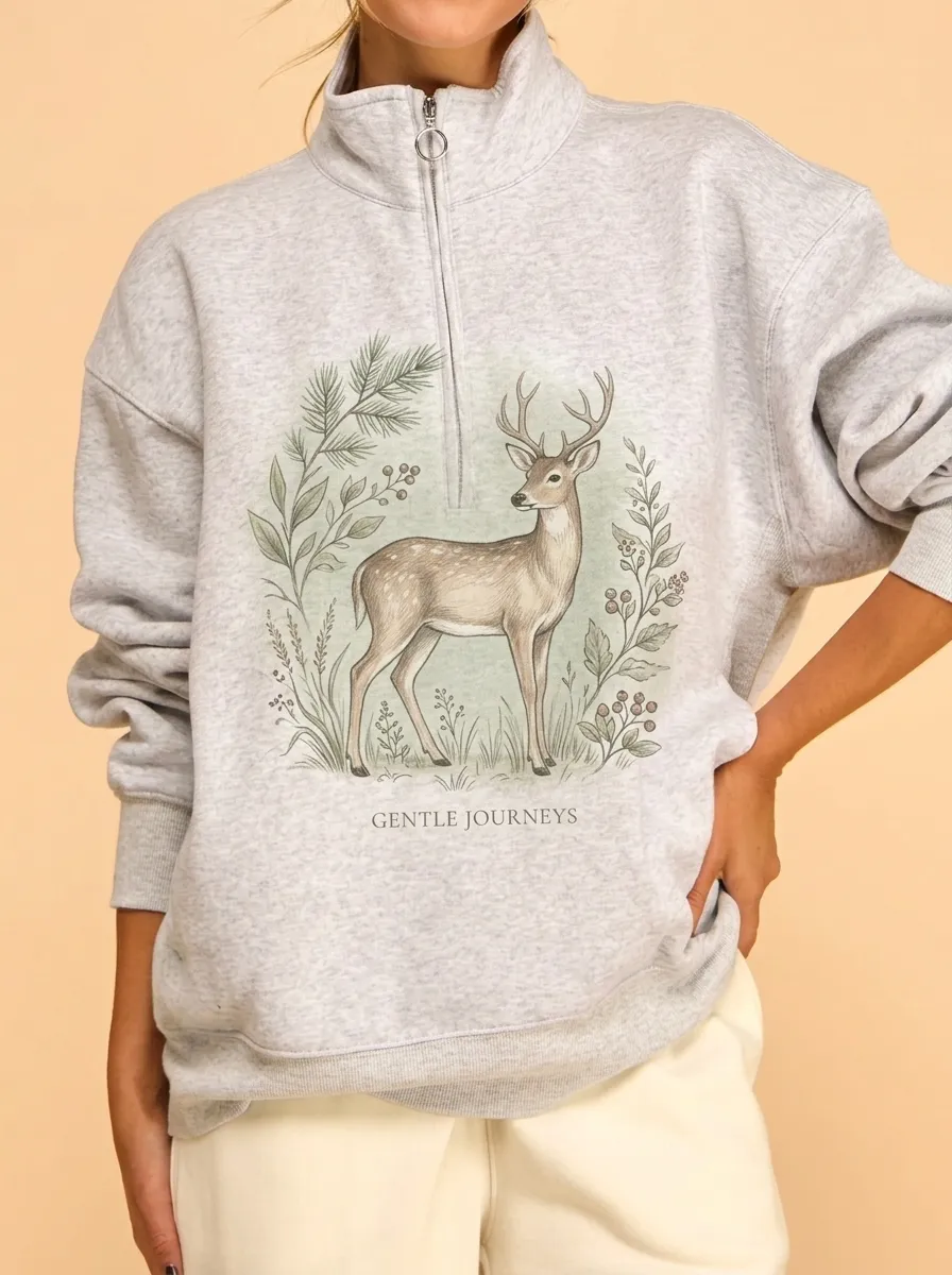 Women's Nature Lover Deer Botanical Printed Quarter Zip Sweatshirt