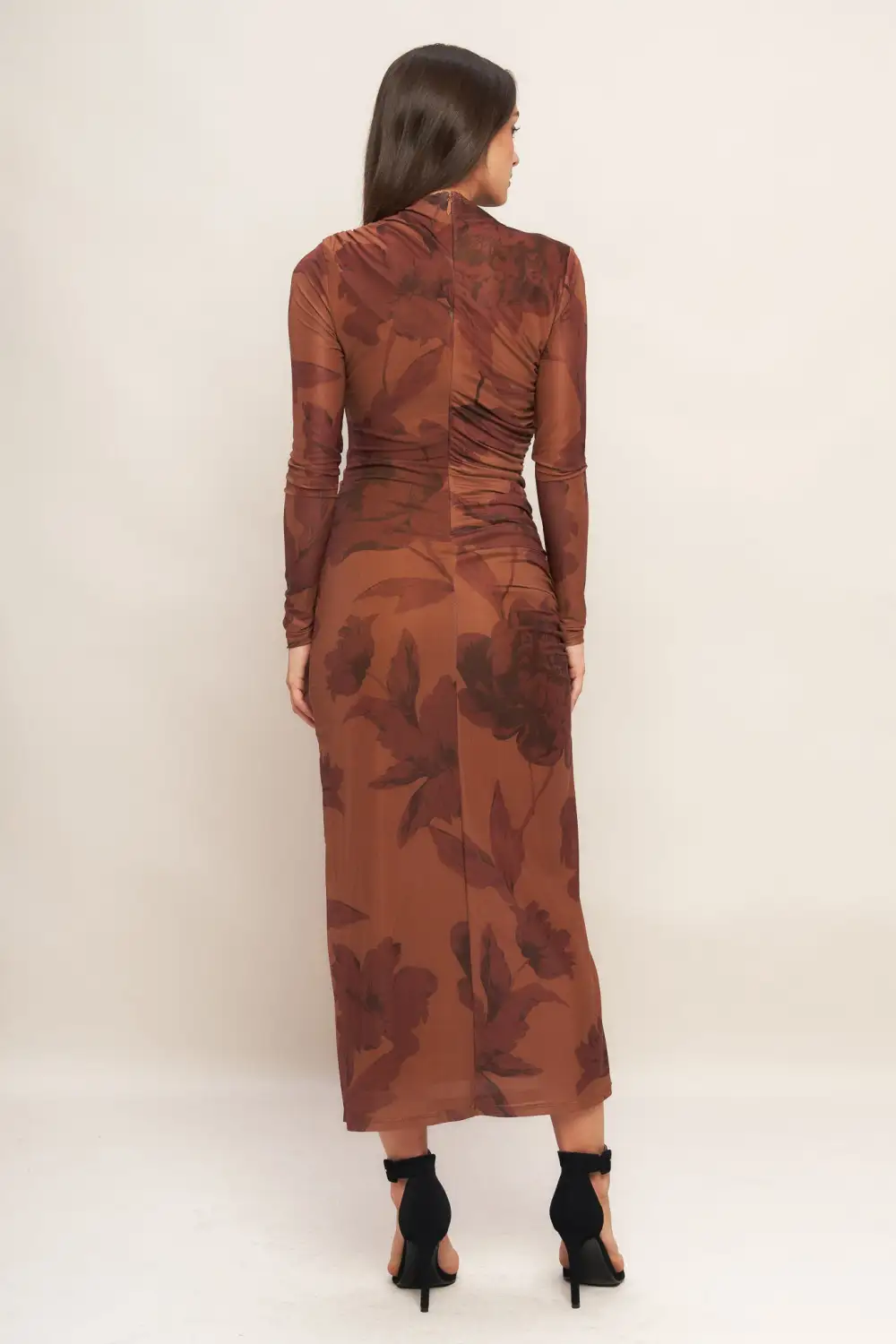 Long-Sleeve Mesh Printed Midi Dress
