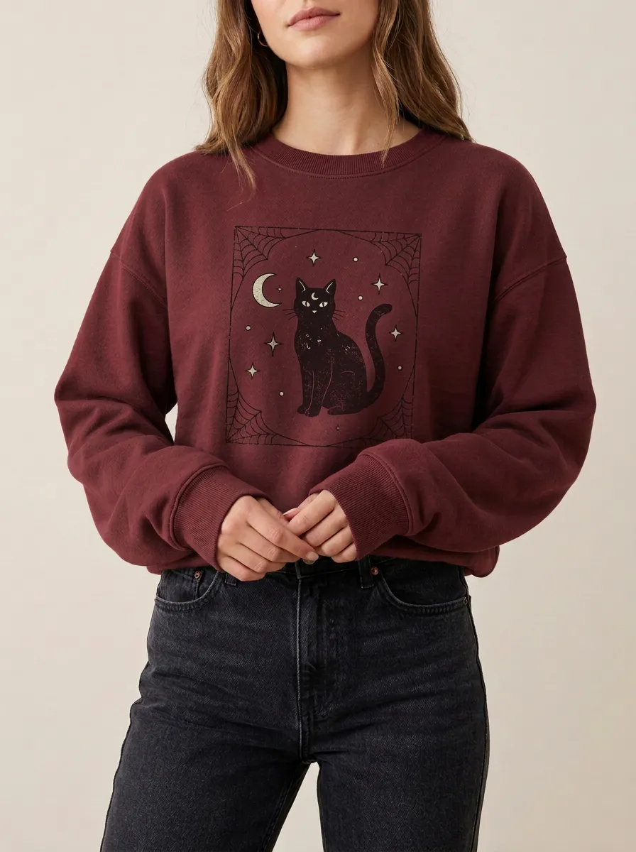 Women's Halloween Witchy Black Cat Moon Stars Printed Sweatshirt
