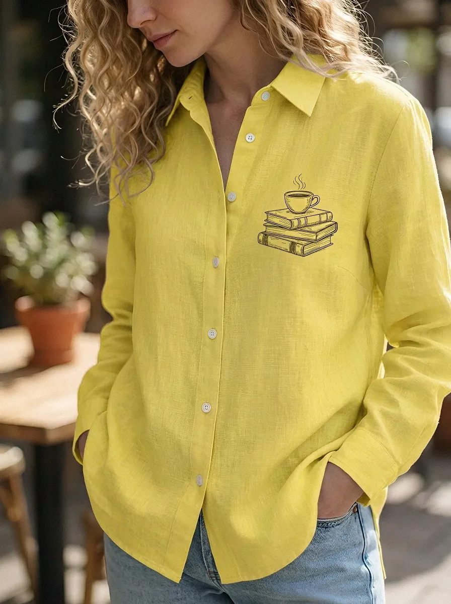 Women's Book Lover Coffee Stack Printed Button-Down Shirt
