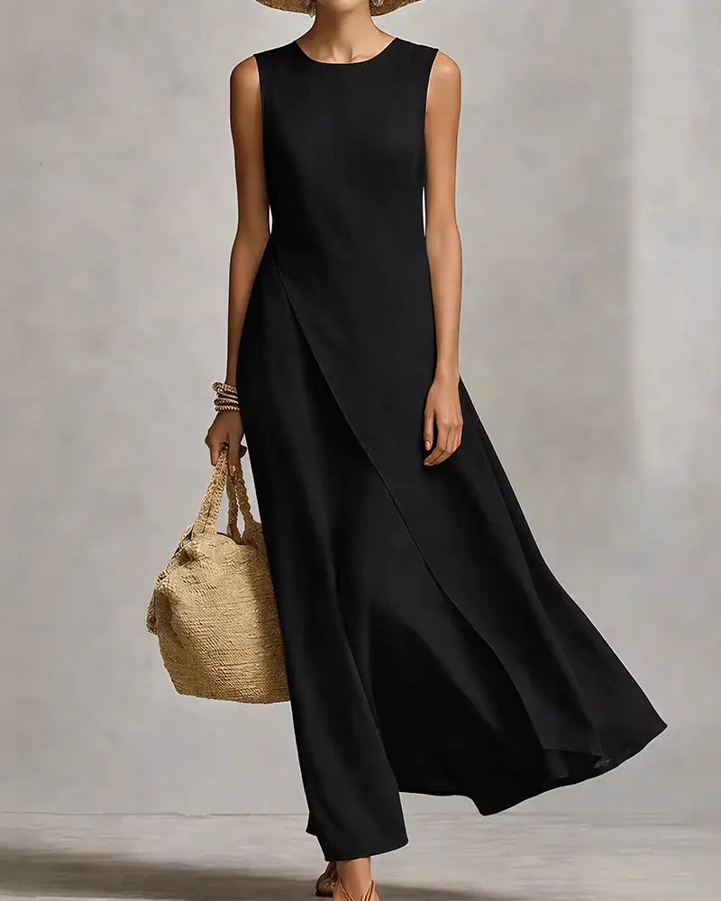 Asymmetric Hem Linen Blend Sleeveless Maxi Dress