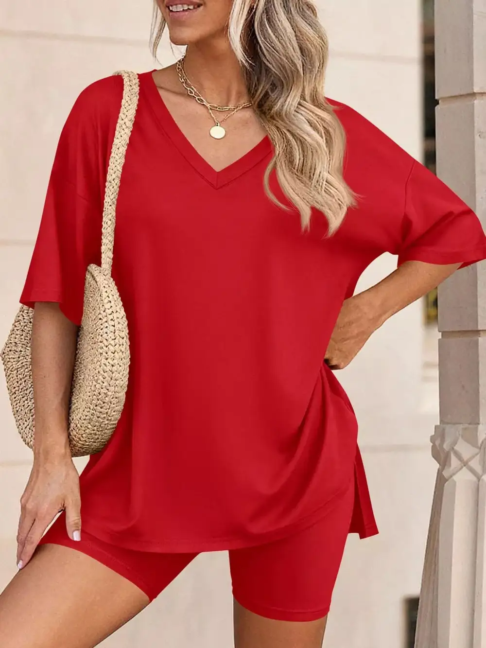 Casual Loose V Neck T Shirt Shorts Sets