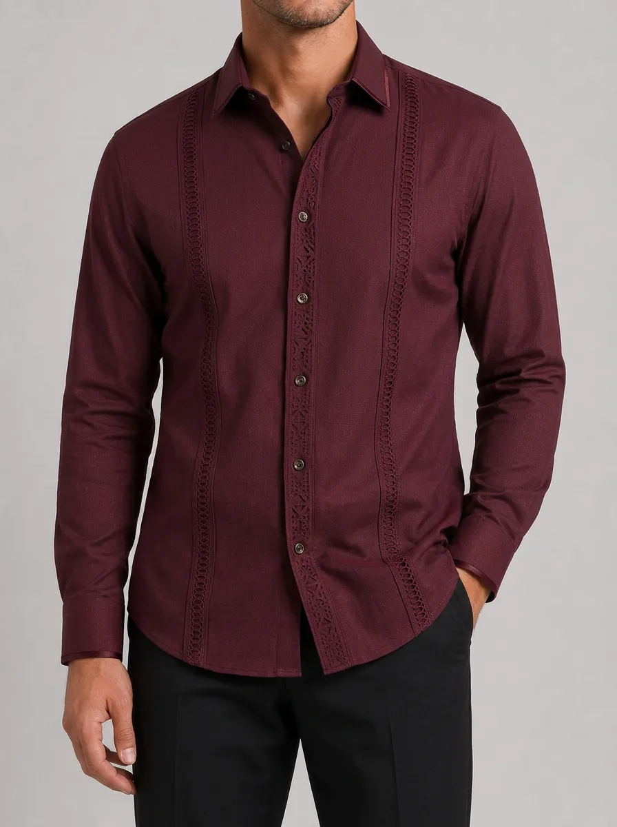 Men's Guayabera-Inspired Long Sleeve Shirt with Button-Front