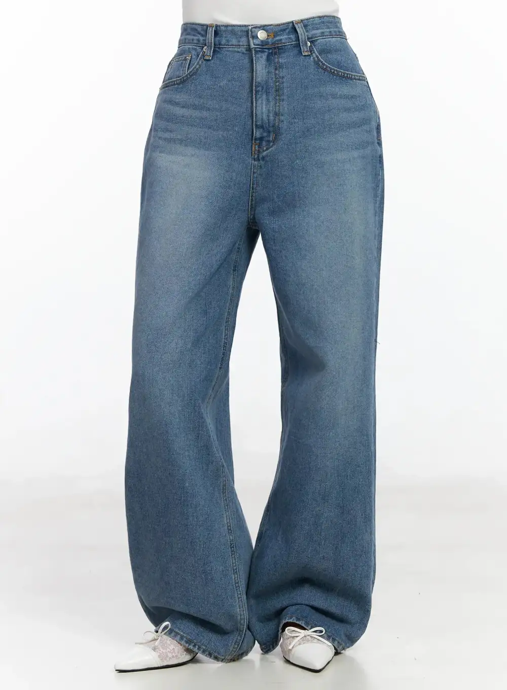 Cotton Denim Wide Leg Jeans