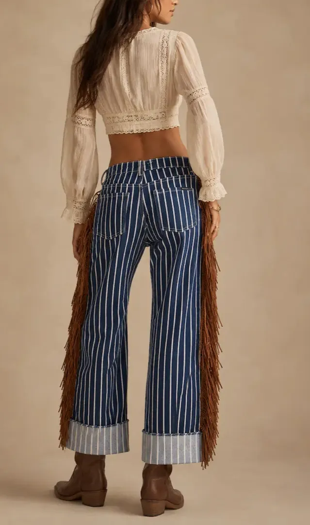 Fringe Detail Wide Leg Cuffed Low Rise Western Style Denim Jeans