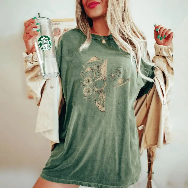 Skull Galaxy Mushroom Flowers Cosmos Aesthetic Spiritual Women's Oversized Comfort T-Shirt