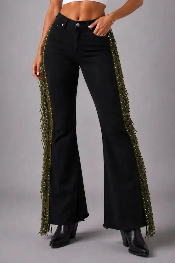 Fringe Detail Bell Bottom Mid Rise Vintage Style Cropped Denim Jeans
