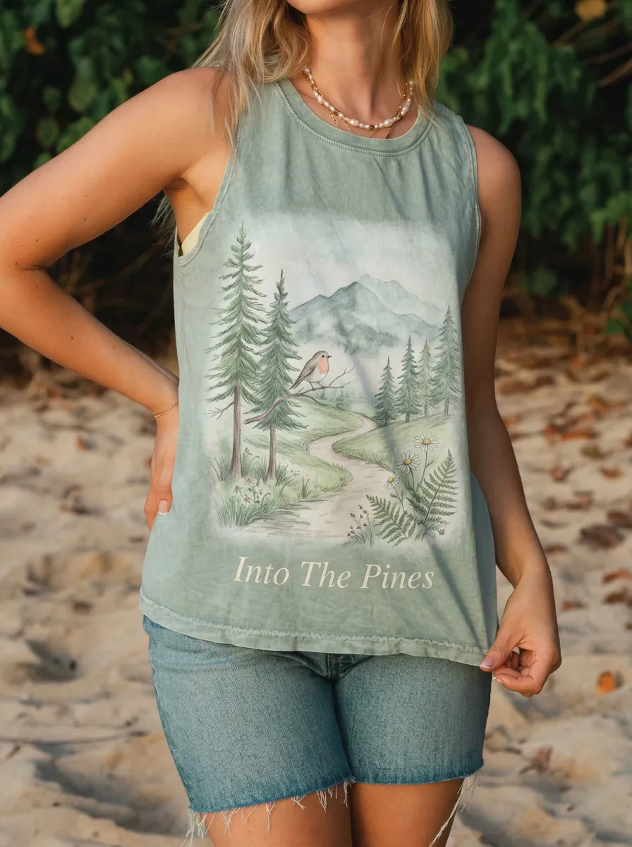 Women's Nature Lover Forest Bird Mountain Printed Tank Top