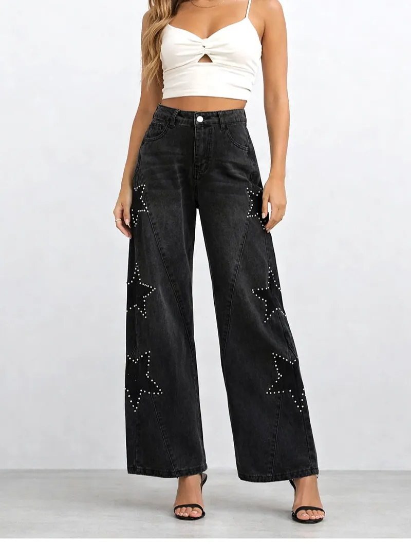Faux Pearl Star Button Fly Wide Leg Denim Pants
