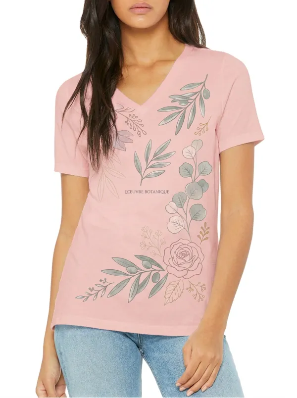 Women's Botanical Garden Floral Olive Branch Printed V-neck T-shirt