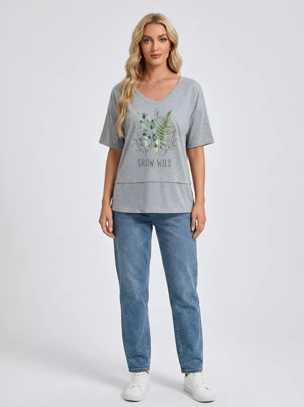 Women's Nature Lover Grow Wild Fern Eucalyptus Printed V-neck T-shirt
