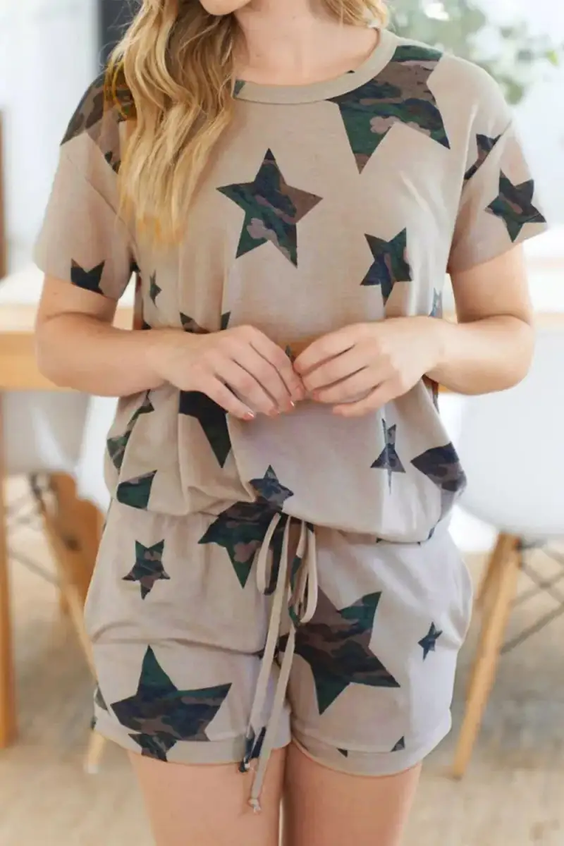 Drawstring Camouflage Tee and Shorts Lounge Set