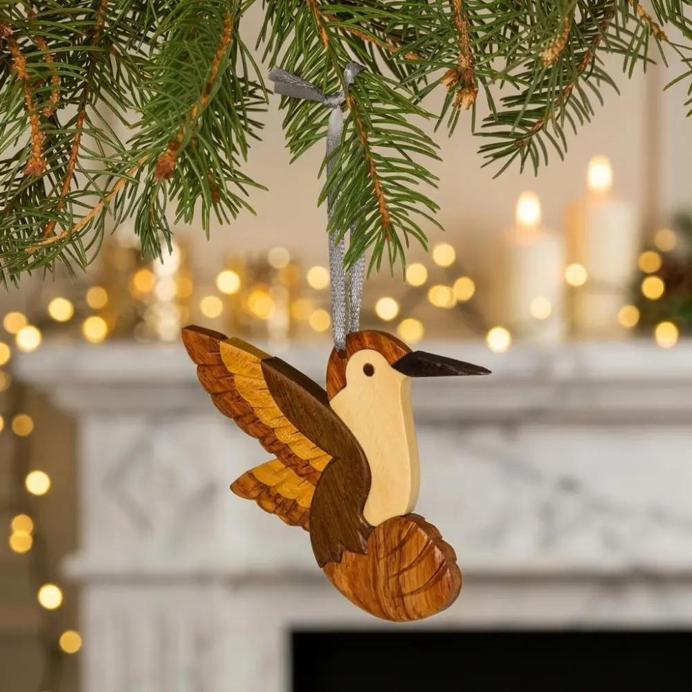 Handcrafted Hummingbird Wood Intarsia Ornament