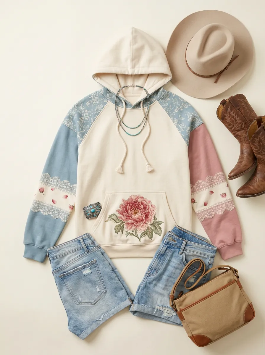 Women's Western Floral Peony Lace Patchwork Printed Hoodie