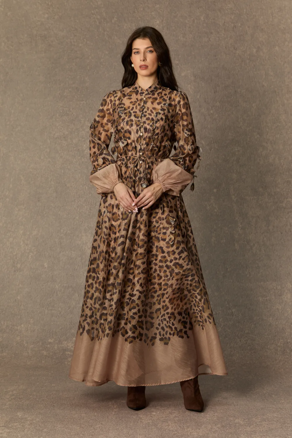 Infinite Praise Brown Leopard Print Leaf Applique Maxi Dress