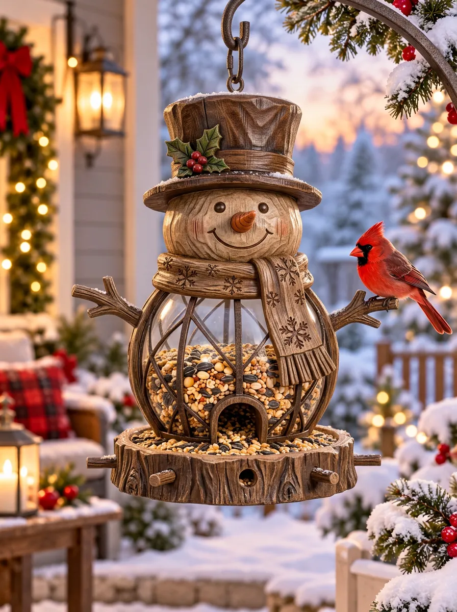 Woodland Snowman Cardinal Christmas Bird Feeder
