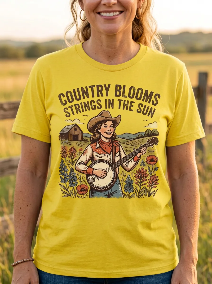 Country Music Banjo Player Floral Crew Neck T-Shirt