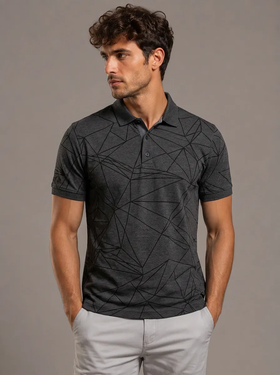 Men's Charcoal Geometric Print Polo Shirt with All-Over geometric line print with Ribbed Sleeve Cuffs