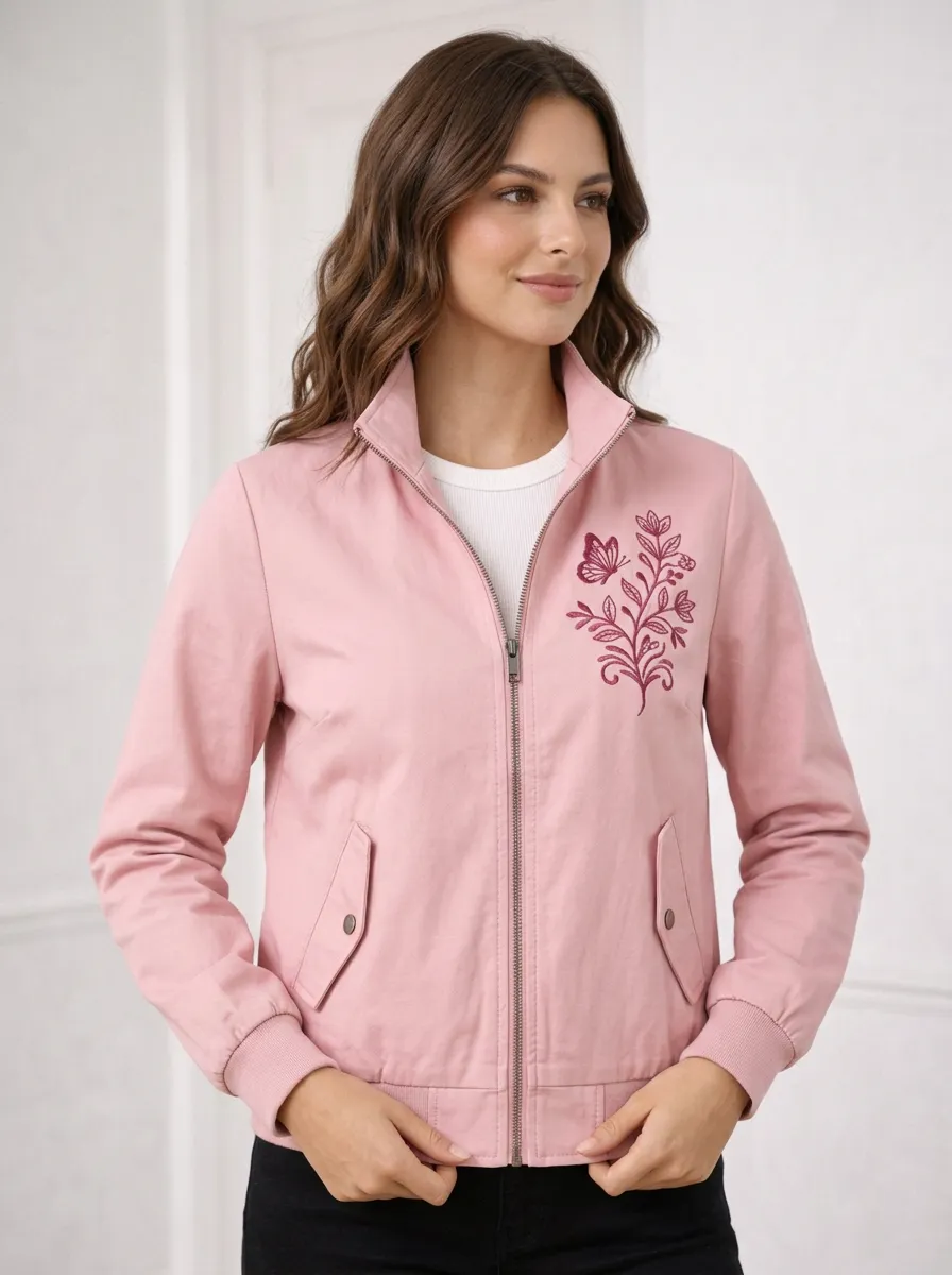 Women's Floral Butterfly Pink Embroidered Printed Jacket