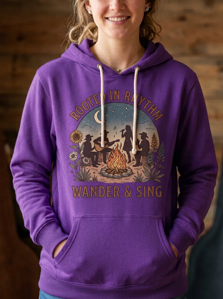 Rustic Guitar Campfire Women's Country Music Printed Hoodie