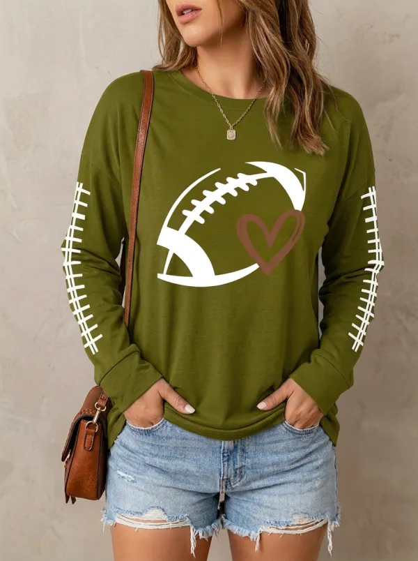 Women's Distinctive Gridiron Heart Ball Love Crewneck Long Sleeve T-Shirt