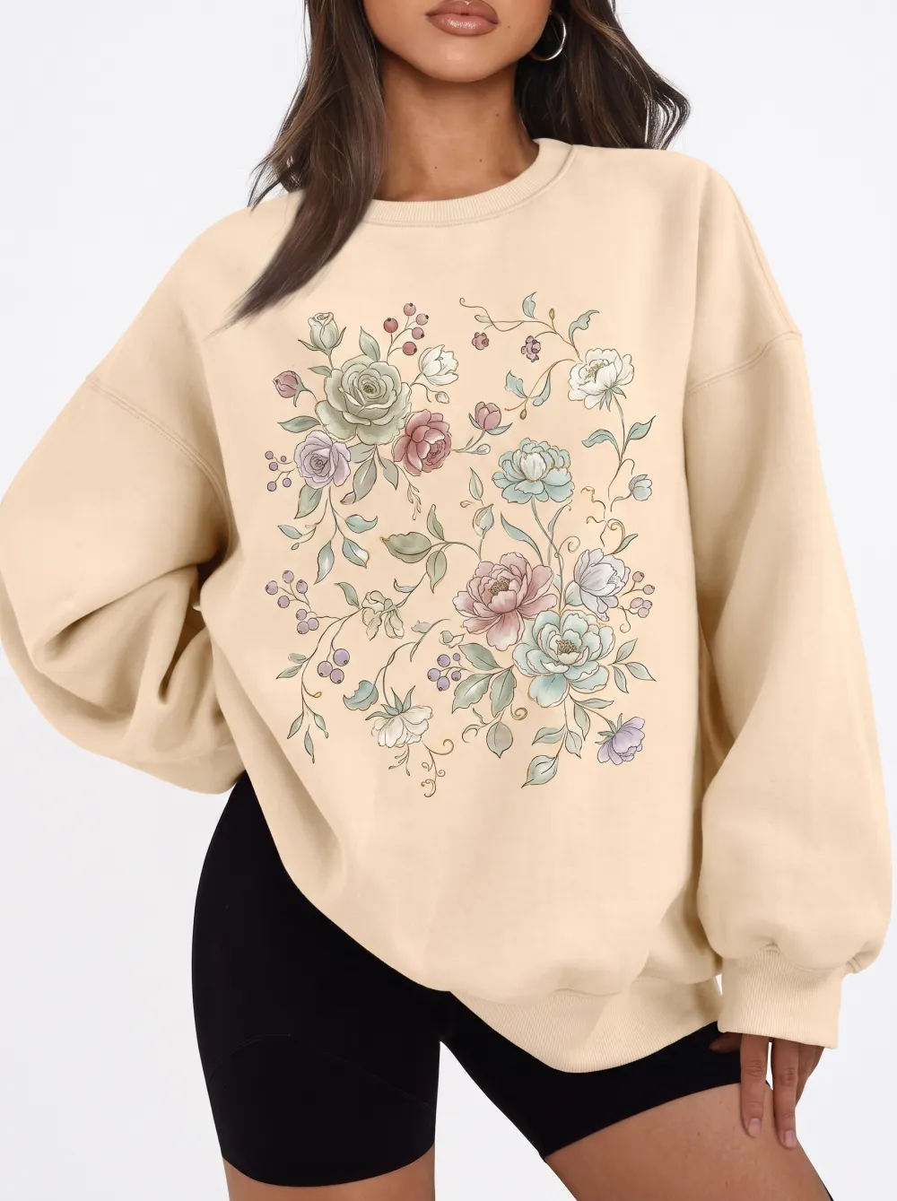 Ladies Artistic Flower Print Cold Shoulder Hooded Top
