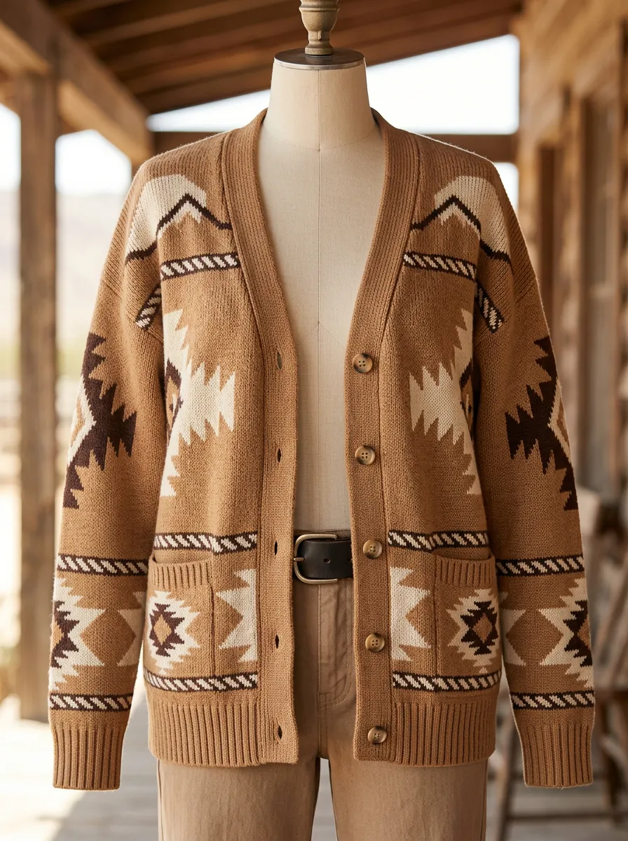 Women's Western Tan Southwestern Pattern Knit Cardigan