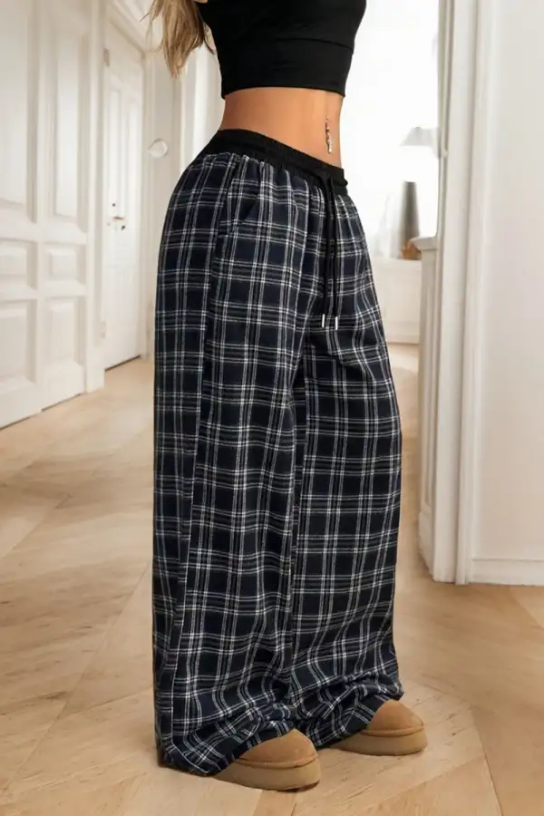 Textured Plaid Wide Leg Pants