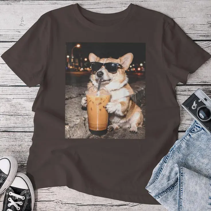 Corgi Drinking Iced Coffee Dog Meme Women T-shirt
