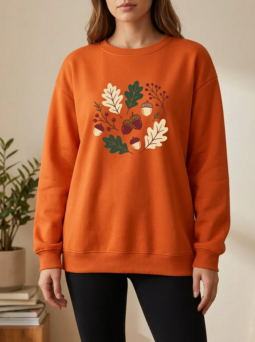 Printed Acorn Leaf-Motif Graphic Sweatshirt