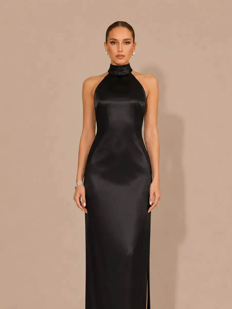 Selene Halter-Neck Beaded-Back Maxi Dress