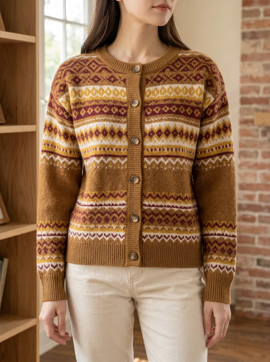 Women's Vintage Fair Isle Pattern Printed Dropped Shoulder Wardrobe Layering Cardigan