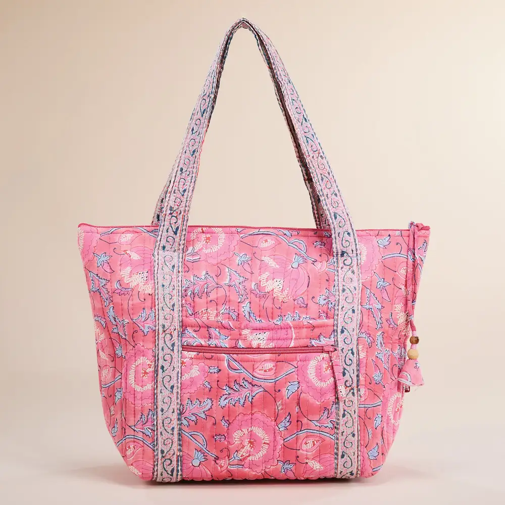 Quilted Peony Motif Tote Bag
