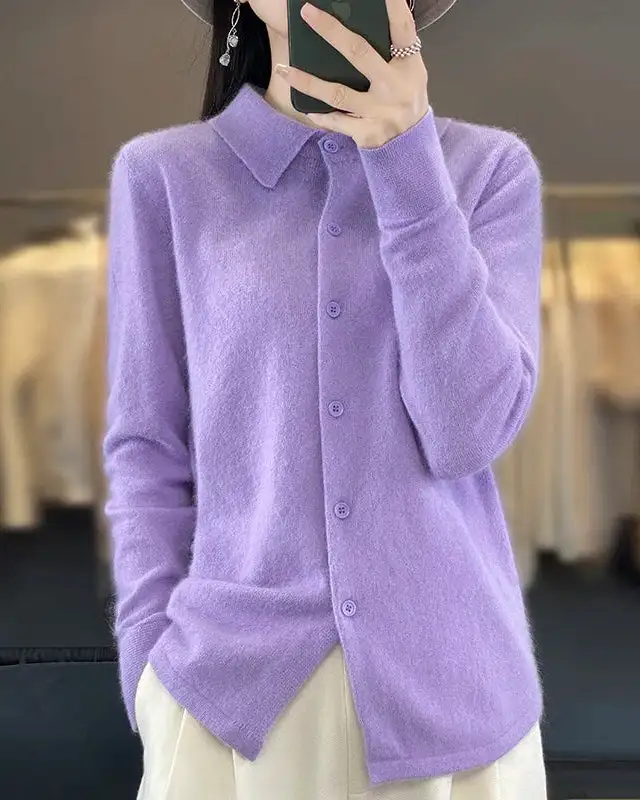 Mink-Cashmere Cashmere Button-Front Polo-Collar Cardigan