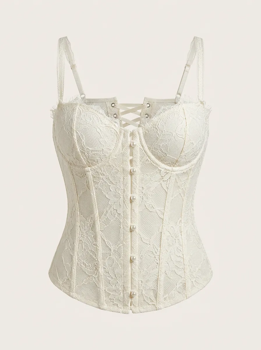 Floral Lace-Trim Button-Front Pearl-Button Women's Corset Top