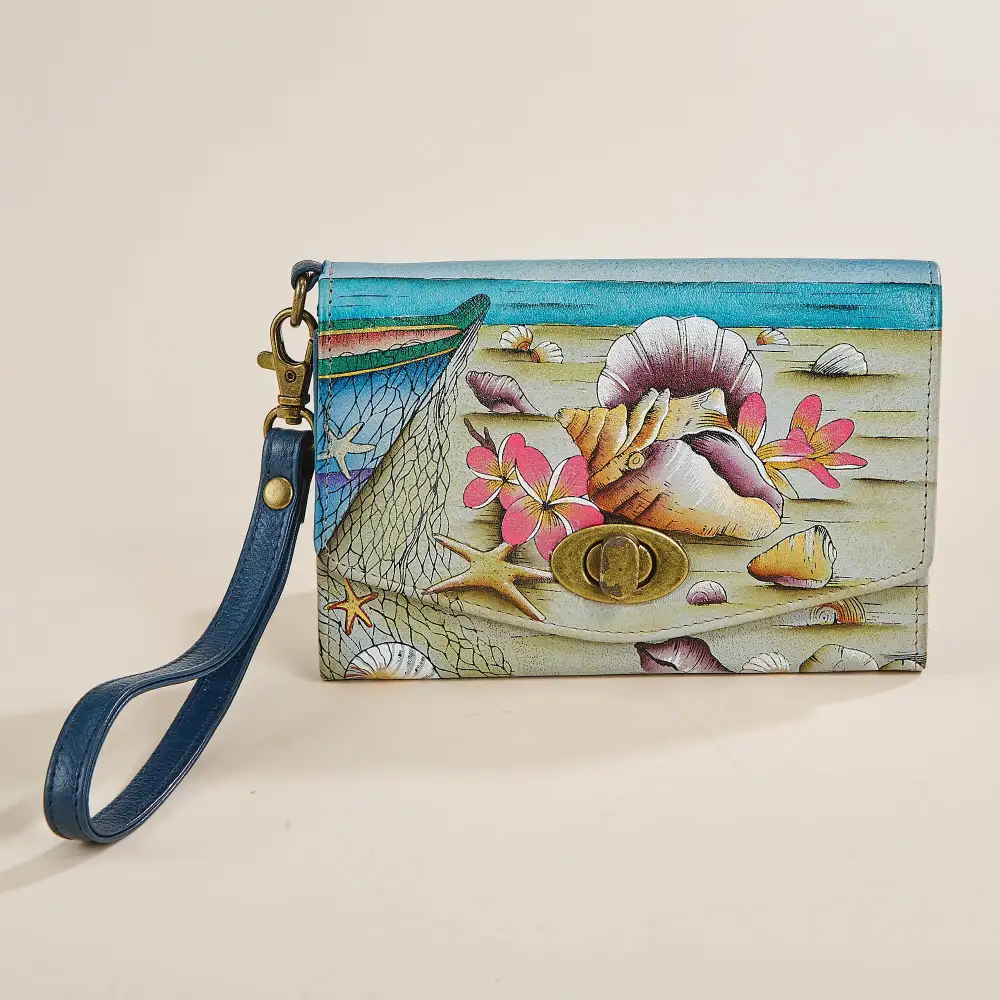 Leather Hand-Painted Seashell Motif Wristlet Clutch