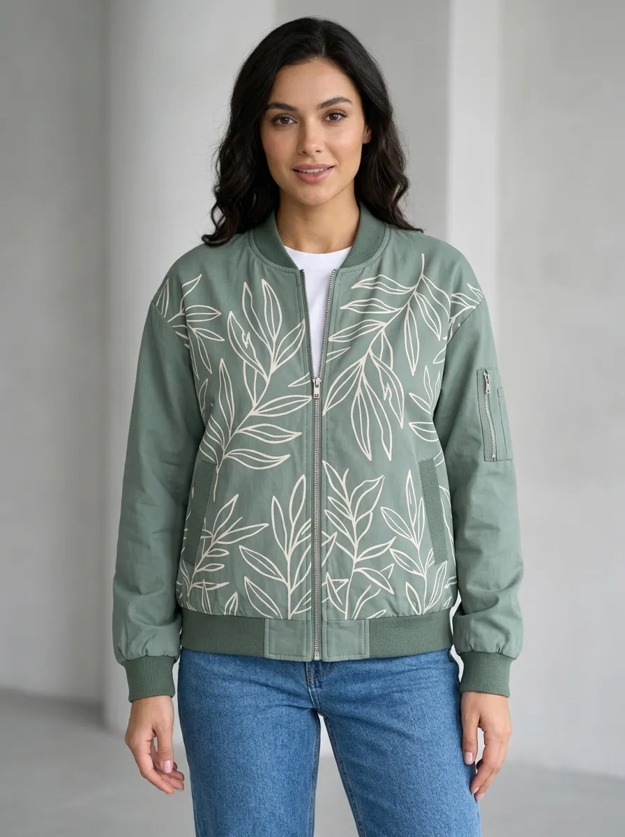 Women's Camden Botanical Leaf Pattern Bomber Jacket