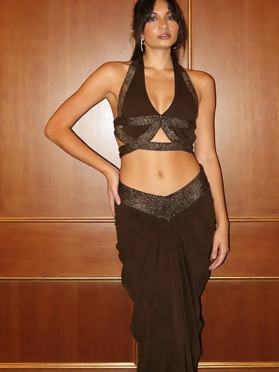 Azalea Sexy Cropped Halter Neck Pleated Two Piece Set