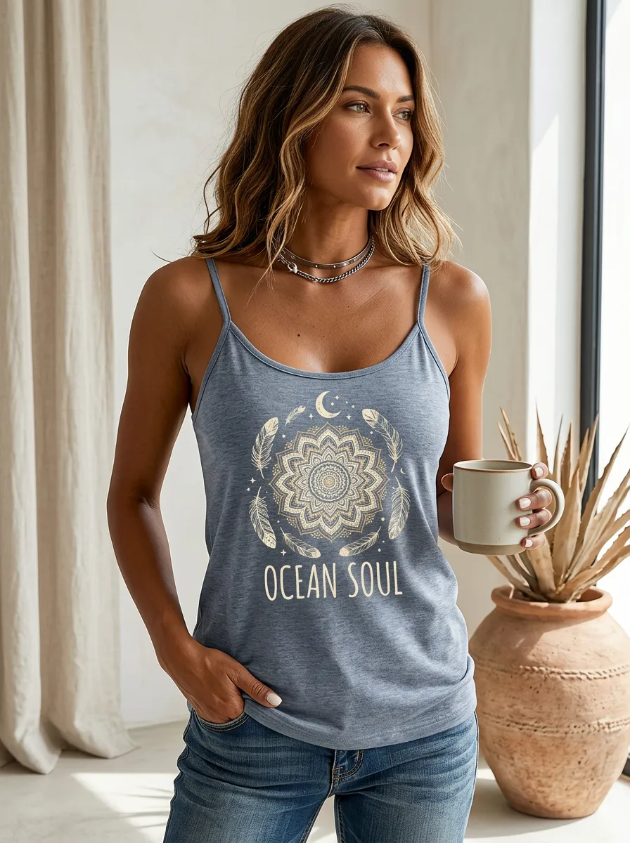 Women's Ocean Mandala Feather Printed Tank Top