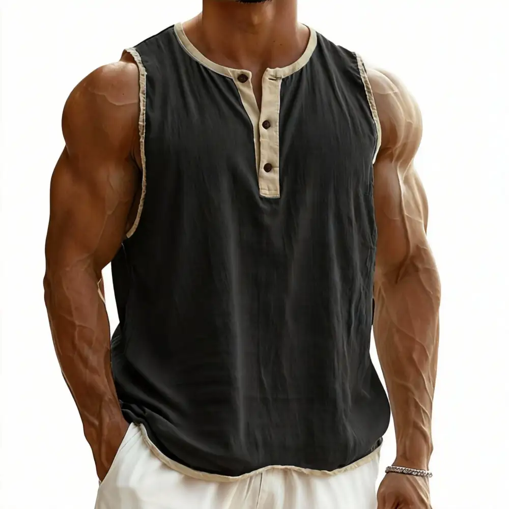 Men's Sleeveless Henley Muscle Shirt With Button Placket And Contrast Trim