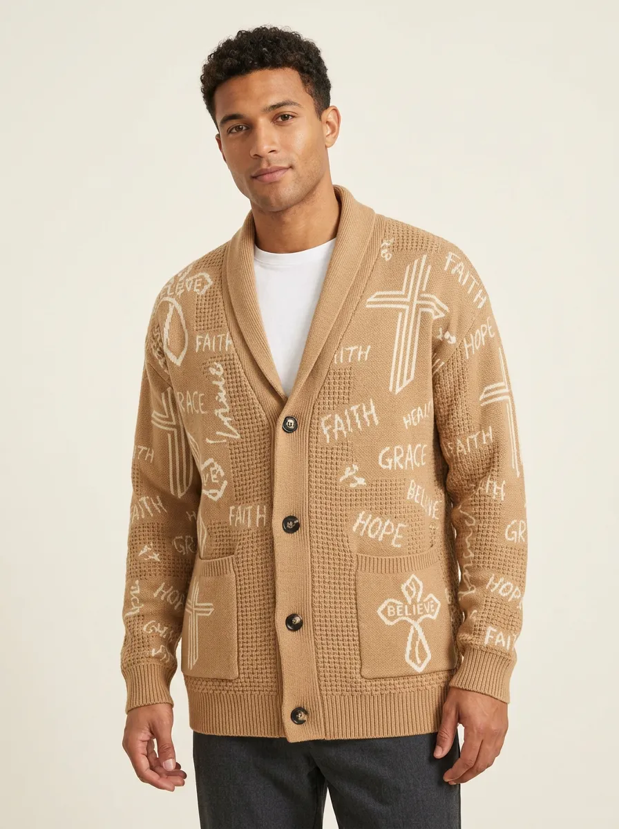 Men's Christian Faith Cross Hope Printed Cardigan Sweater